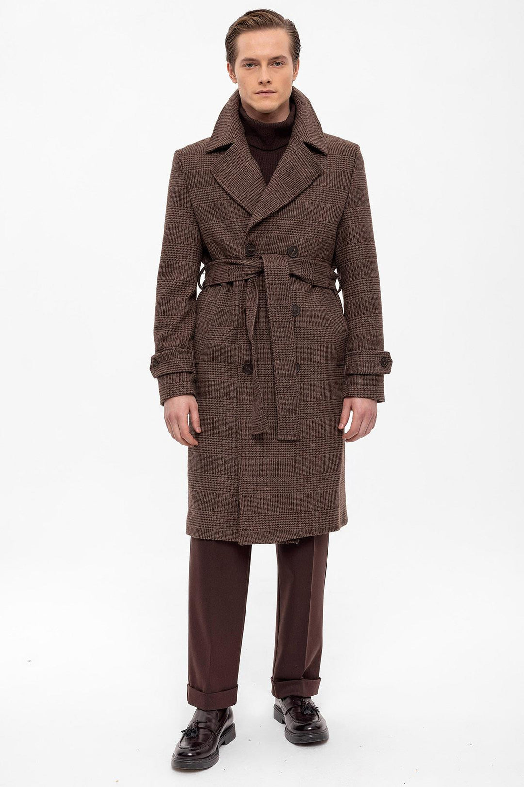 ANT Belted Double Breasted Closure Plaid Men's Coat - Reston