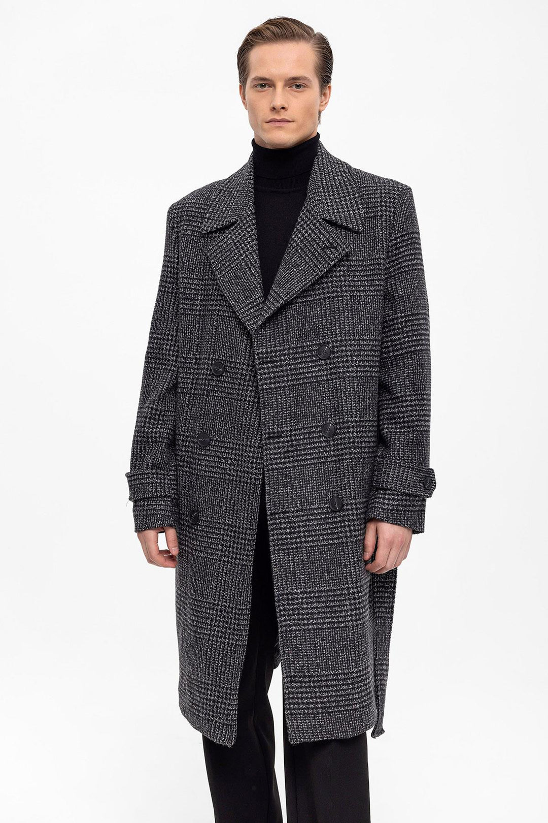 ANT Belted Double Breasted Closure Plaid Men's Coat - Central Coast