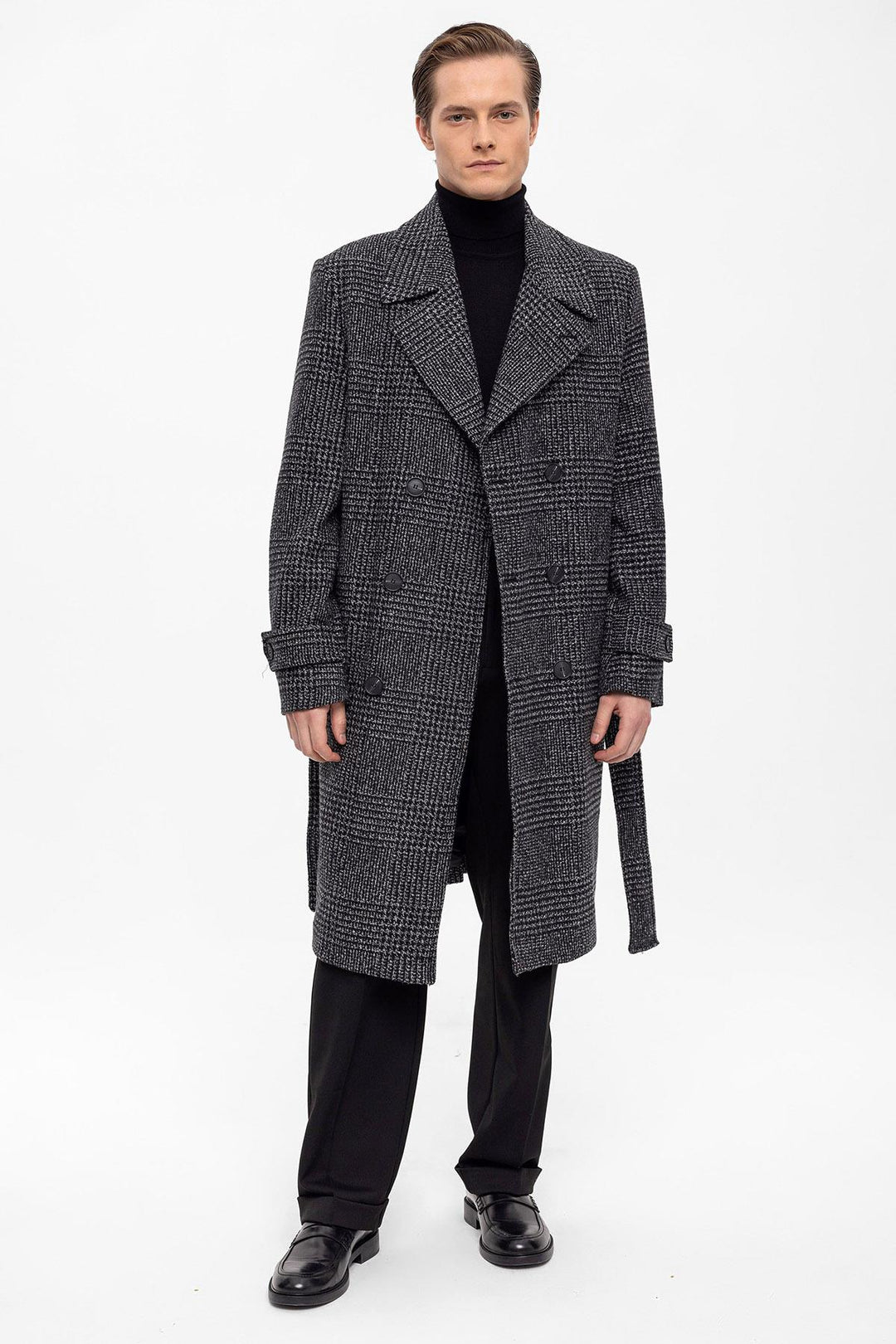 ANT Belted Double Breasted Closure Plaid Men's Coat - Central Coast