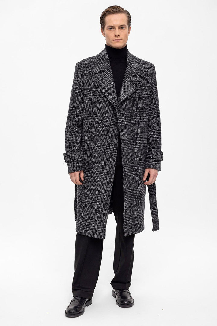 ANT Belted Double Breasted Closure Plaid Men's Coat - Central Coast