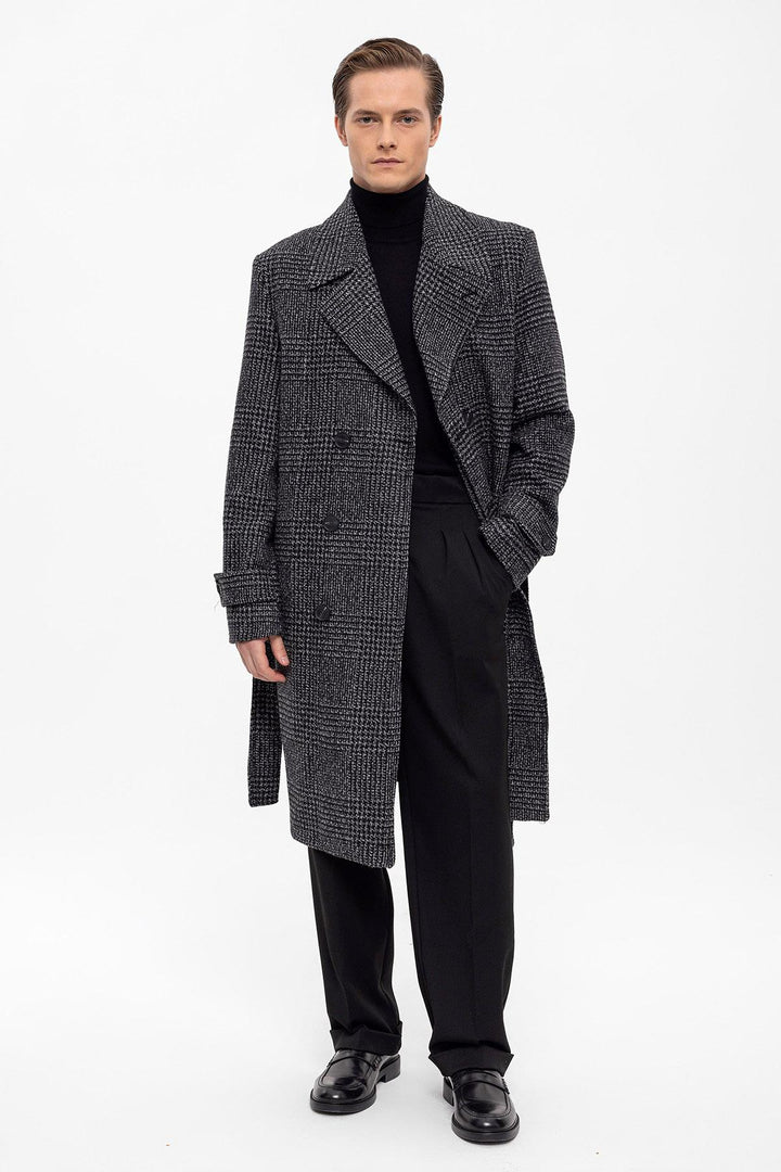 ANT Belted Double Breasted Closure Plaid Men's Coat - Central Coast