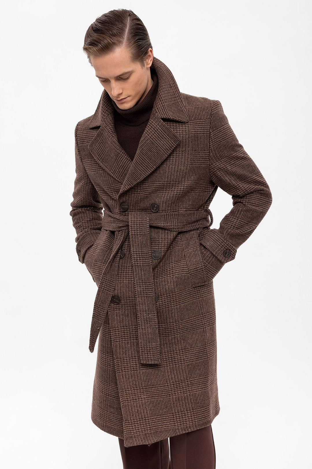 ANT Belted Double Breasted Closure Plaid Men's Coat - Reston