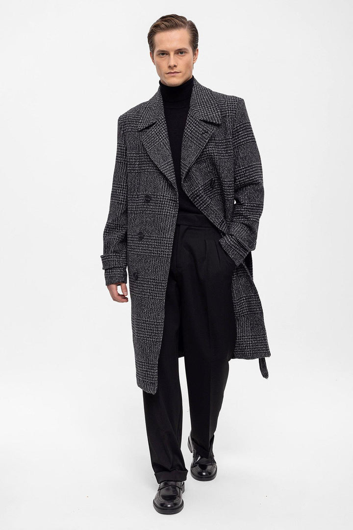 ANT Belted Double Breasted Closure Plaid Men's Coat - Central Coast