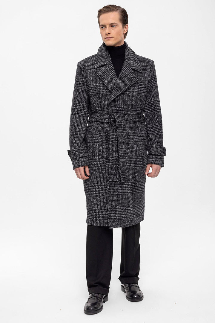 ANT Belted Double Breasted Closure Plaid Men's Coat - Central Coast