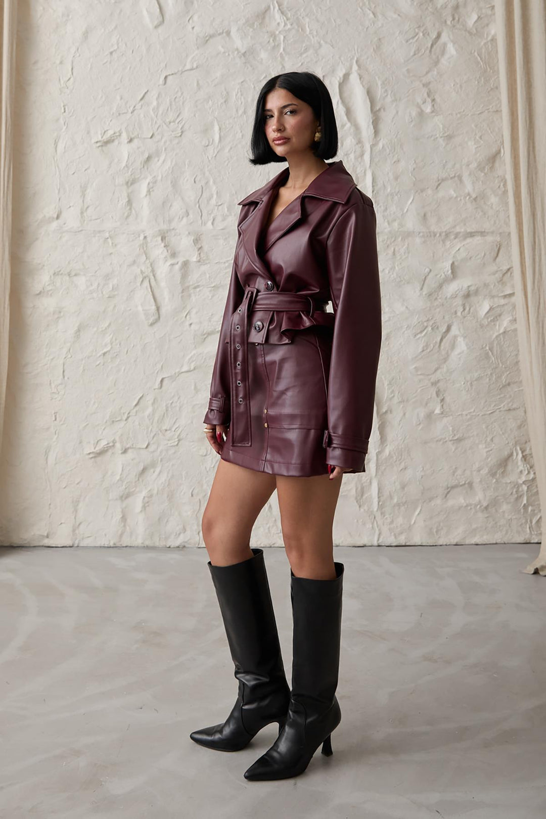 ELS Belted Mini Leather Skirt - Burgundy - Mülheim