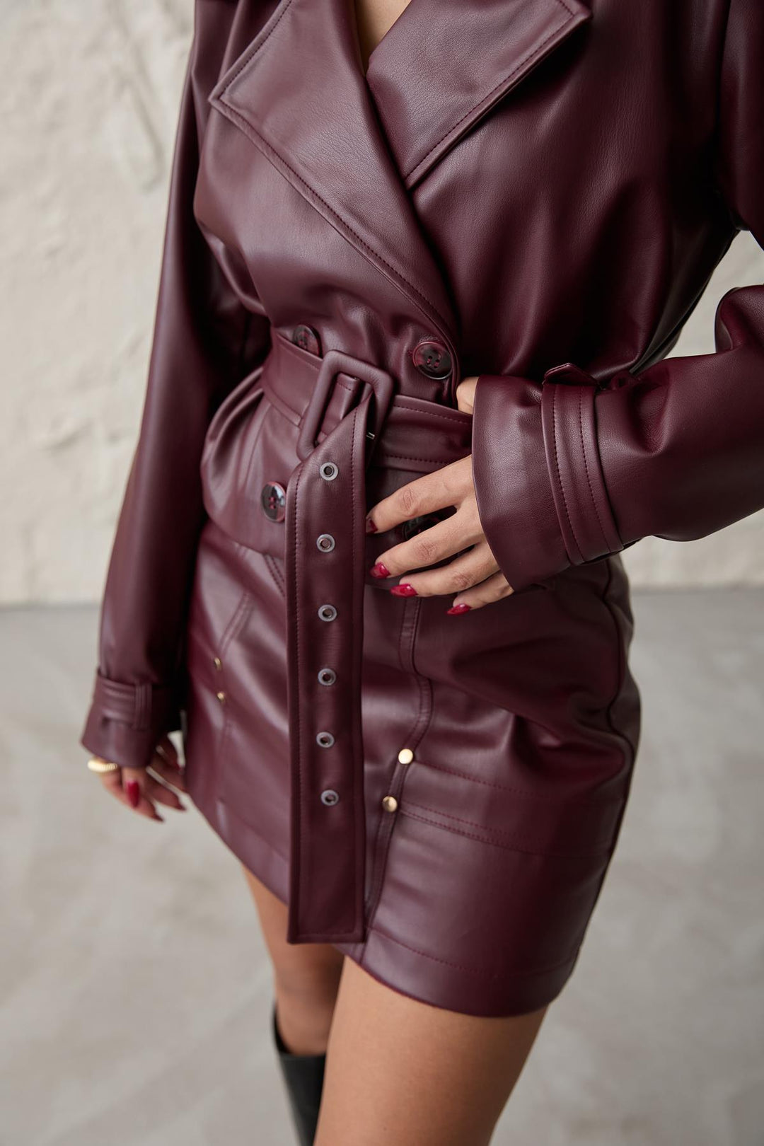 ELS Belted Mini Leather Skirt - Burgundy - Mülheim