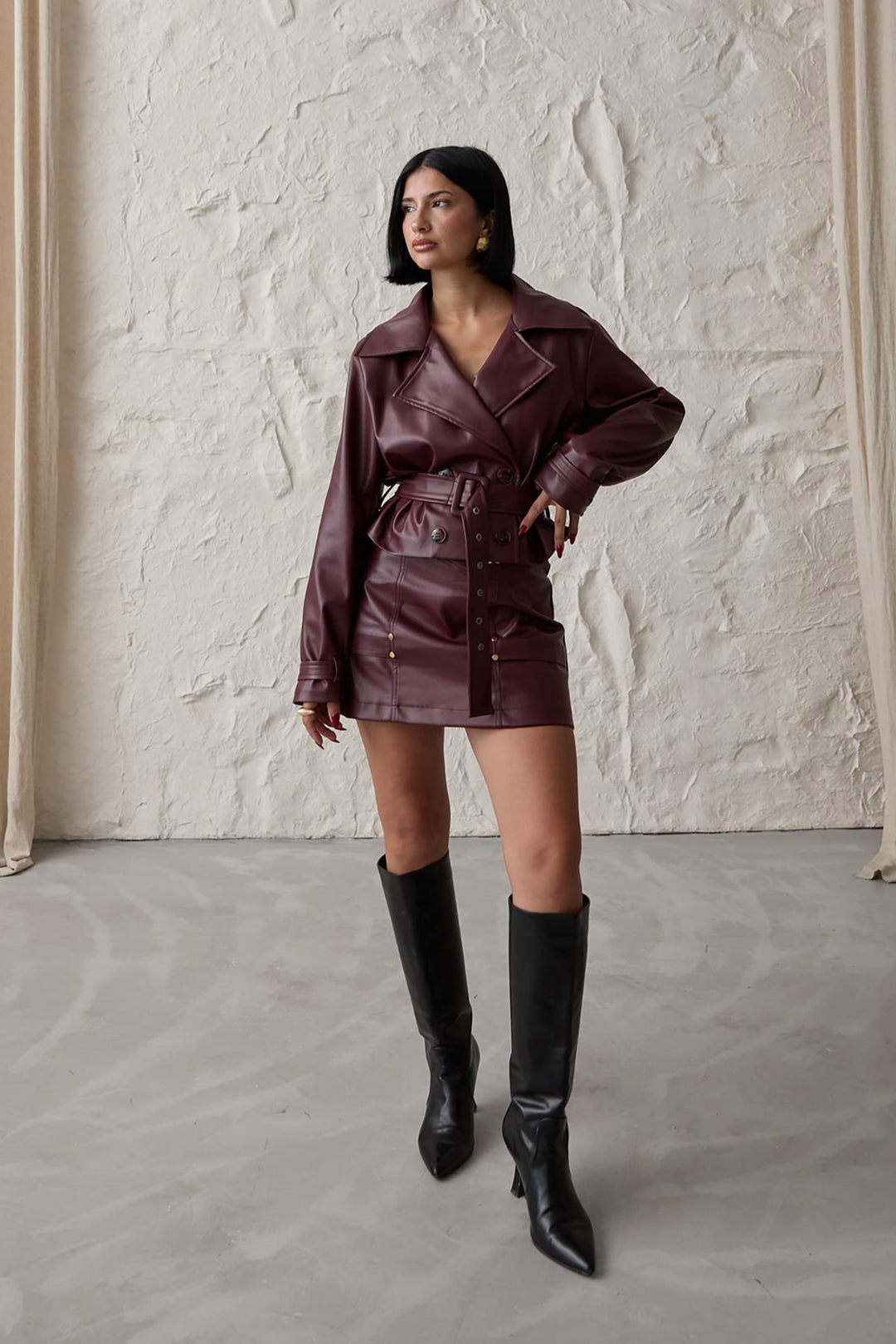 ELS Belted Mini Leather Skirt - Burgundy - Mülheim