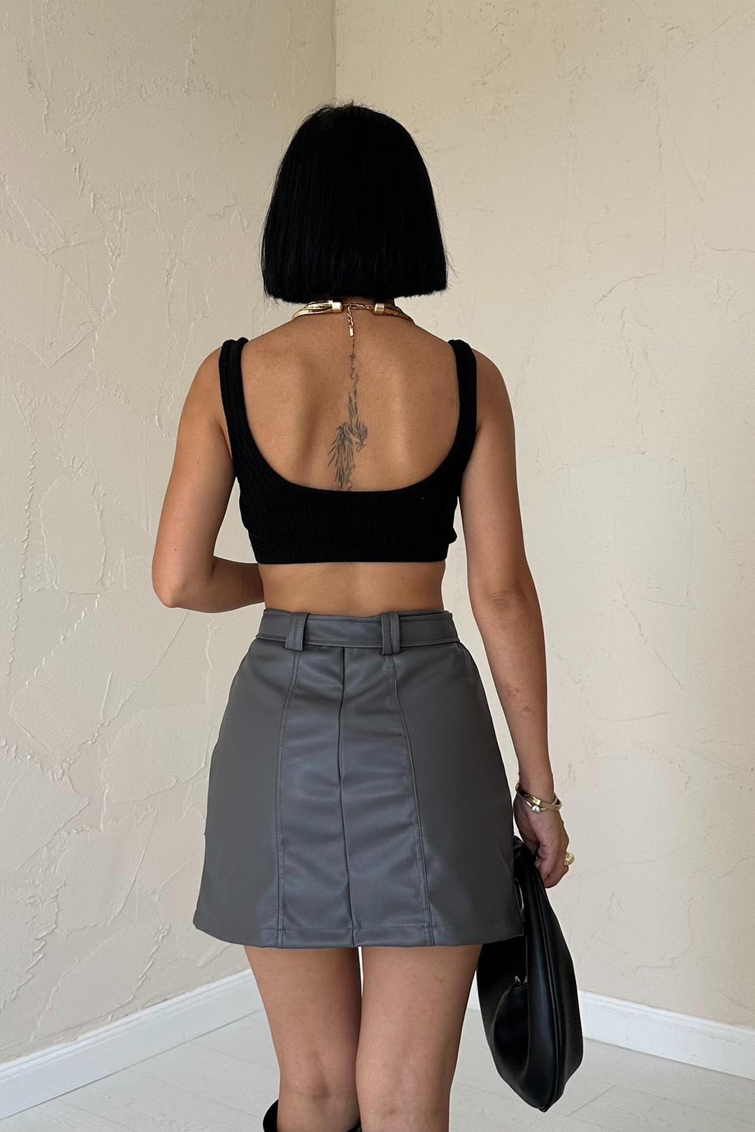 ELS Belted Mini Leather Skirt - Gray - Canterbury