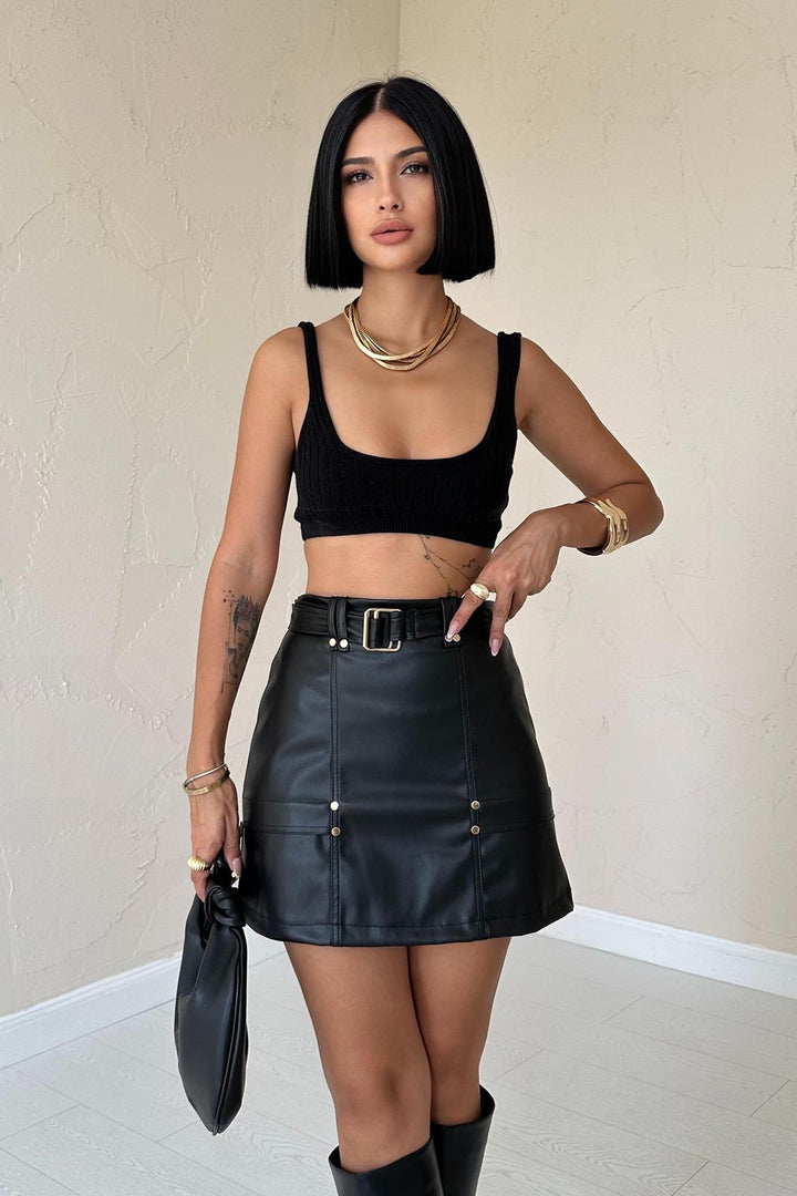 ELS Belted Mini Leather Skirt - Black - Rahovec