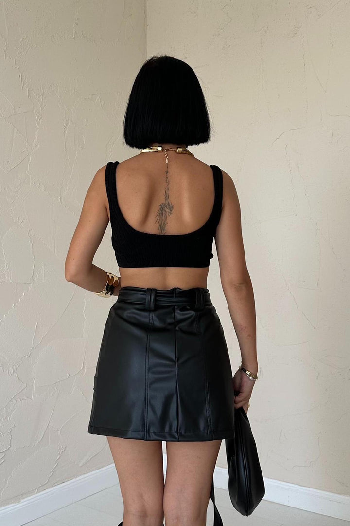 ELS Belted Mini Leather Skirt - Black - Rahovec