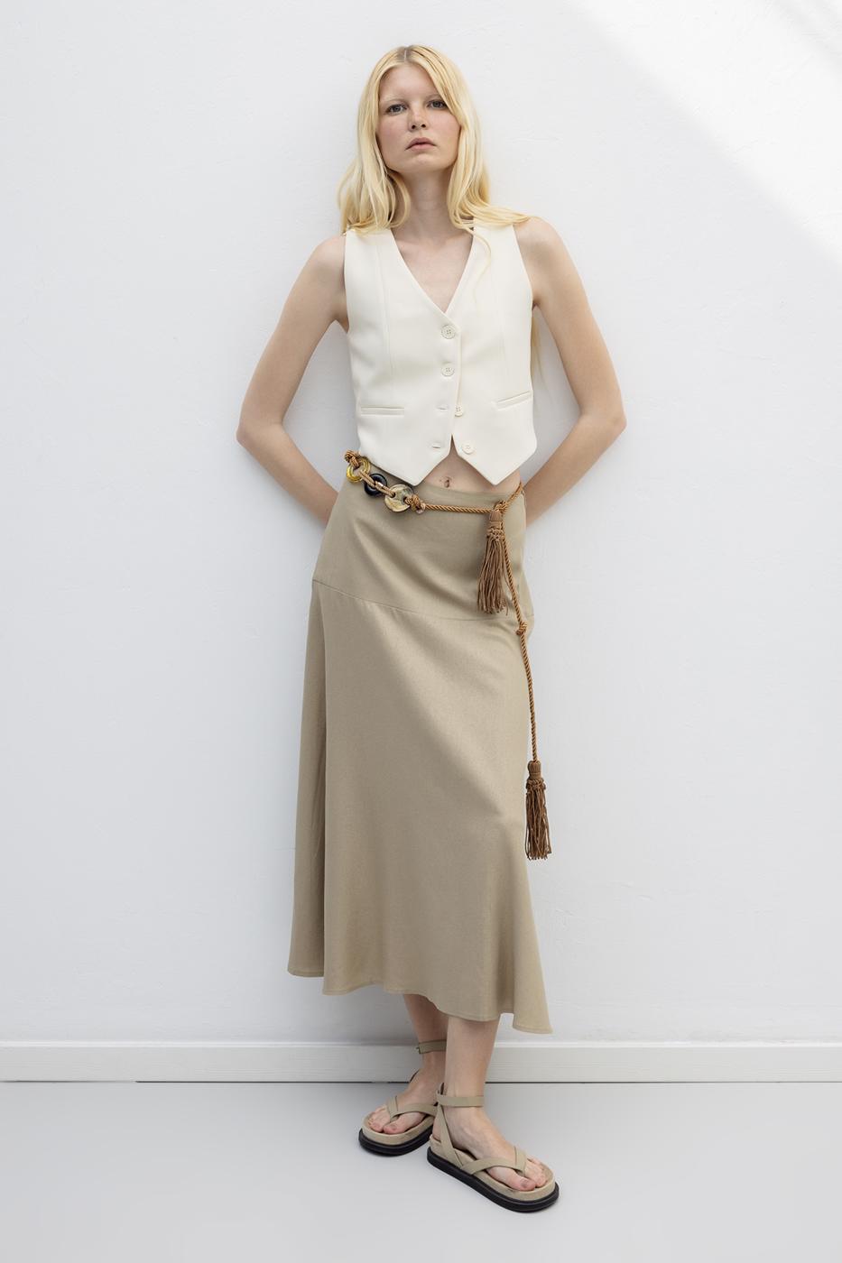BSL Women Linen Blend Flounced Midi Skirt - Vich