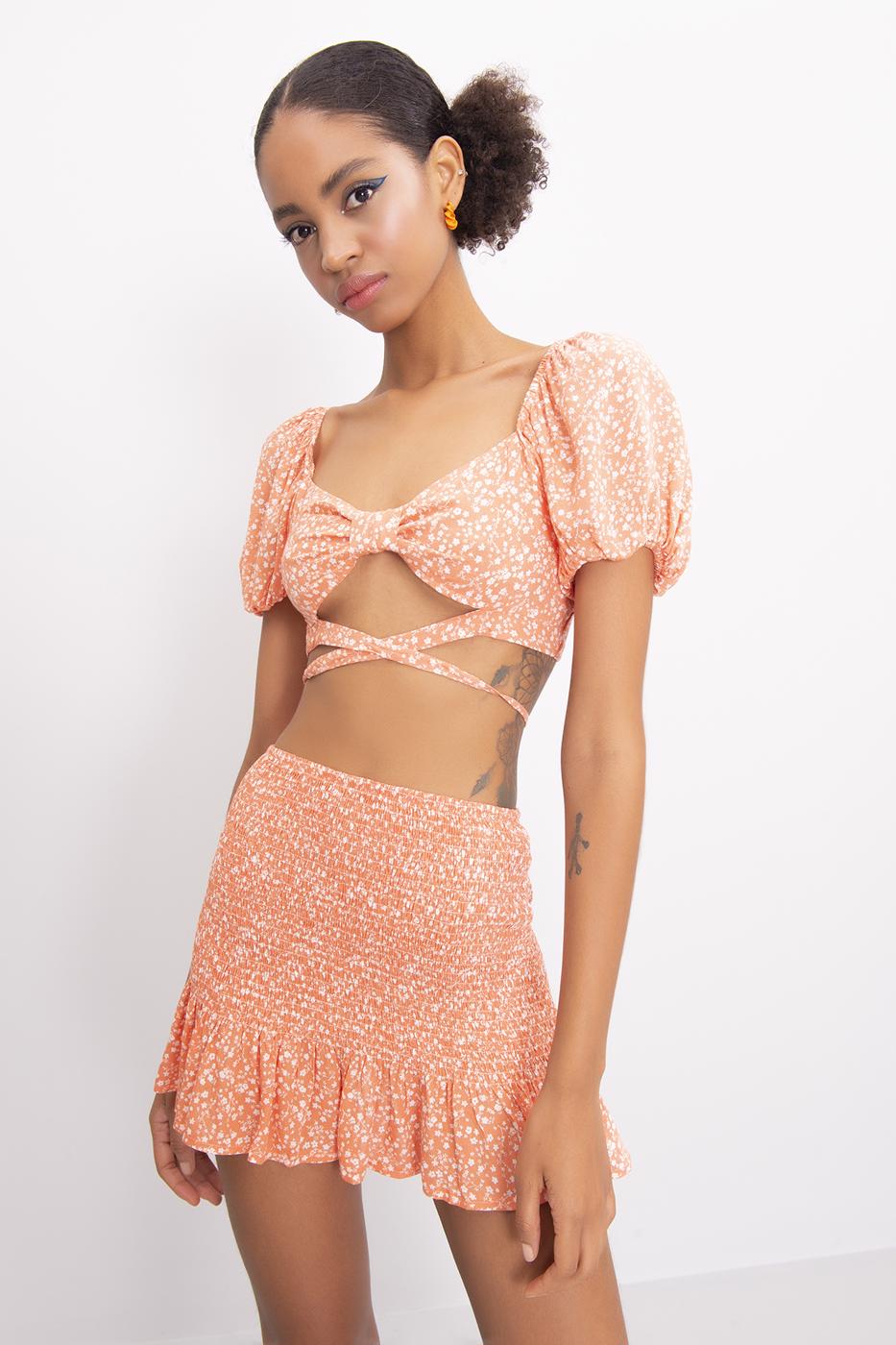 BSL Women Short Baloon Sleeve Cross Tie Waist Blouse - Bootle