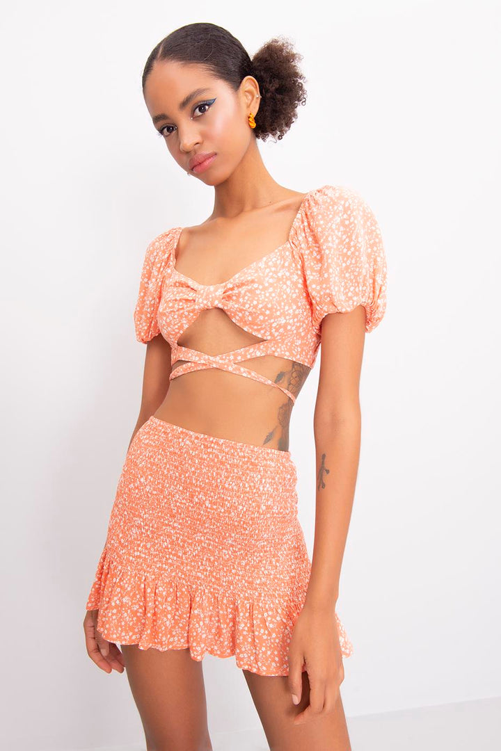 BSL Women Short Baloon Sleeve Cross Tie Waist Blouse - Bootle