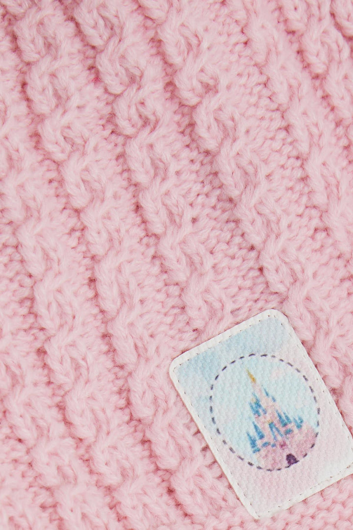 BRE Knitted Girl Child Scarf Hat Set 3 Piece Braided Pom Pom Castle Emblem 4-8 Years, Pink - Delicias