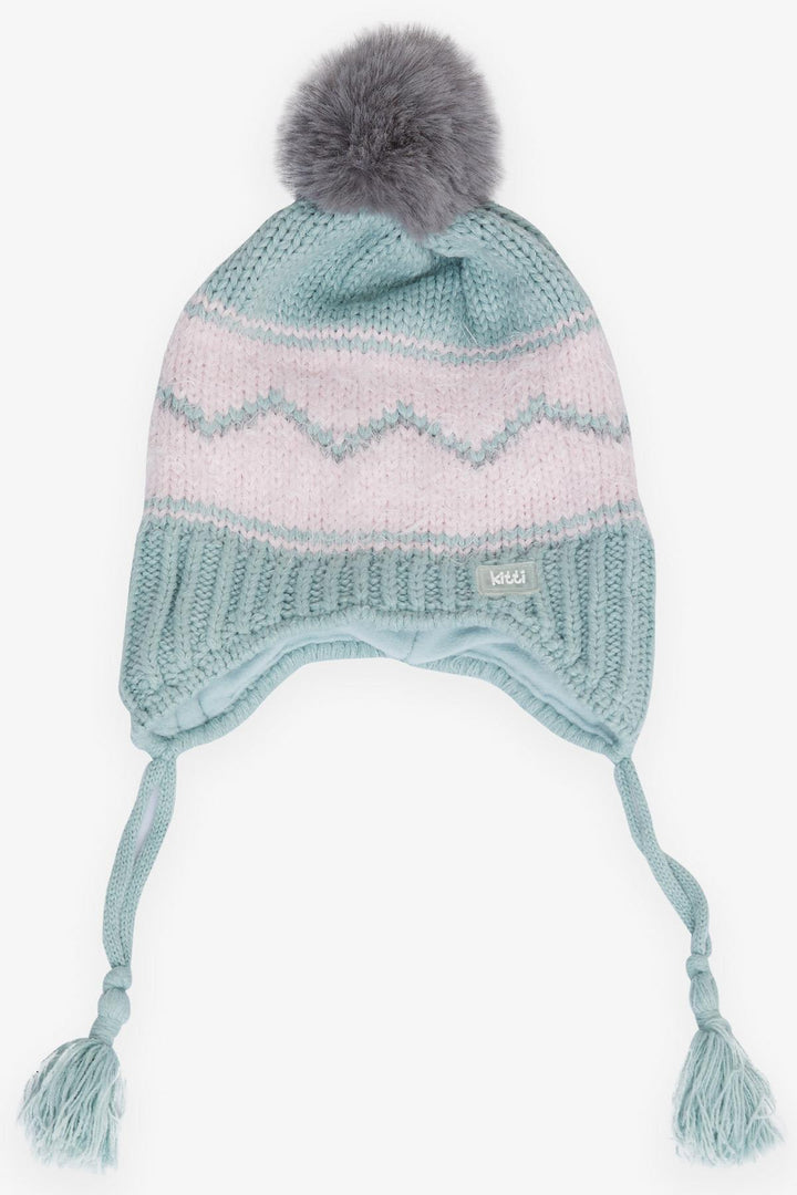 BRE Kitty Girl Child Scarf Hat Set 3 Piece Zigzag Patterned Pom Pom 4-8 Years, Mint Green - Aurora