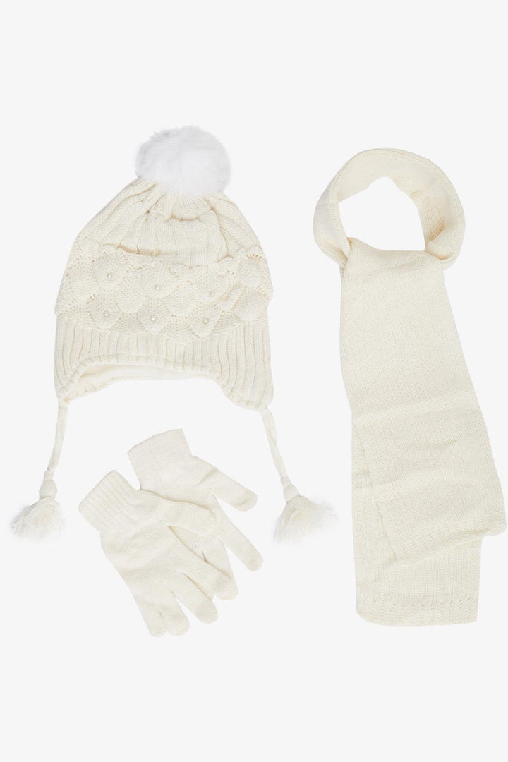 BRE Knitted Girl Child Scarf Hat Set 3 Piece Pearl Pom Pom 4-8 Years, Ecru - Morristown