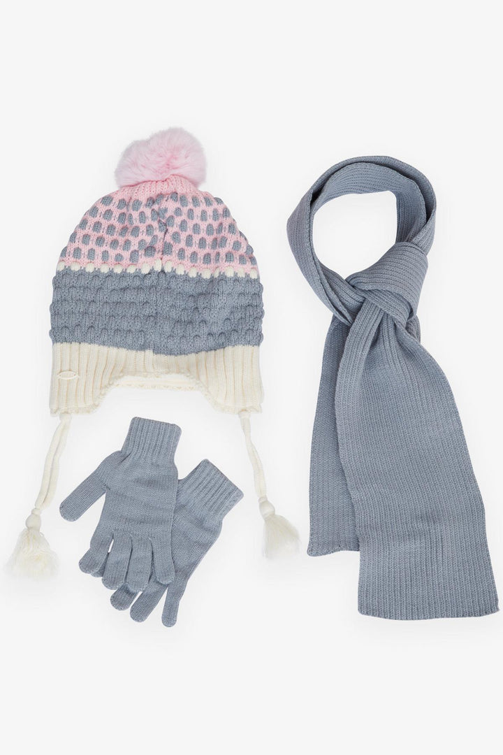 BRE Kitty Girl Child Scarf Hat Set 3 Piece Pom Pom Embroidered 4-8 Years, Gray - Chesterfield