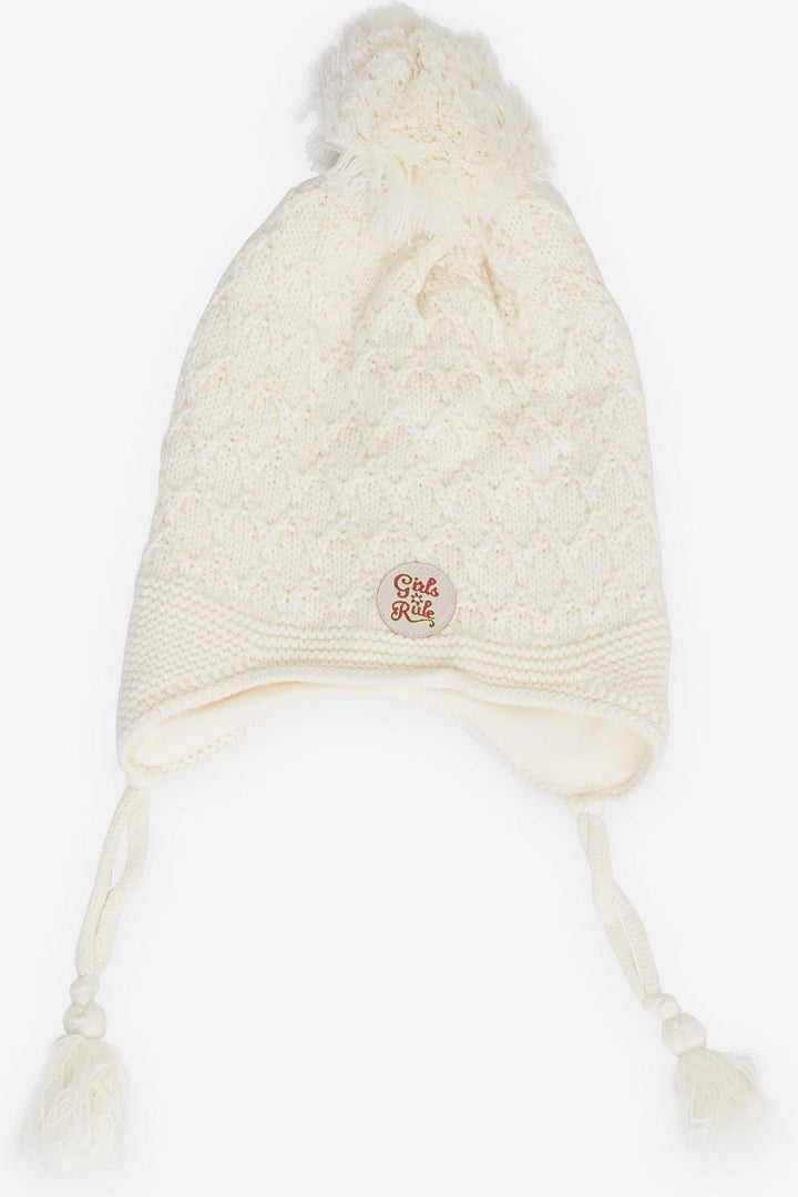 BRE Kitty Girl Child Scarf Hat Set 3 Piece Armored Pom Pom 4-8 Years, Ecru - Hitchin