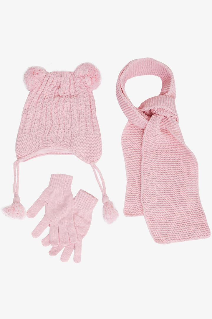 BRE Knitted Girl Child Scarf Hat Set 3 Piece Braided Pom Pom Castle Emblem 4-8 Years, Pink - Delicias