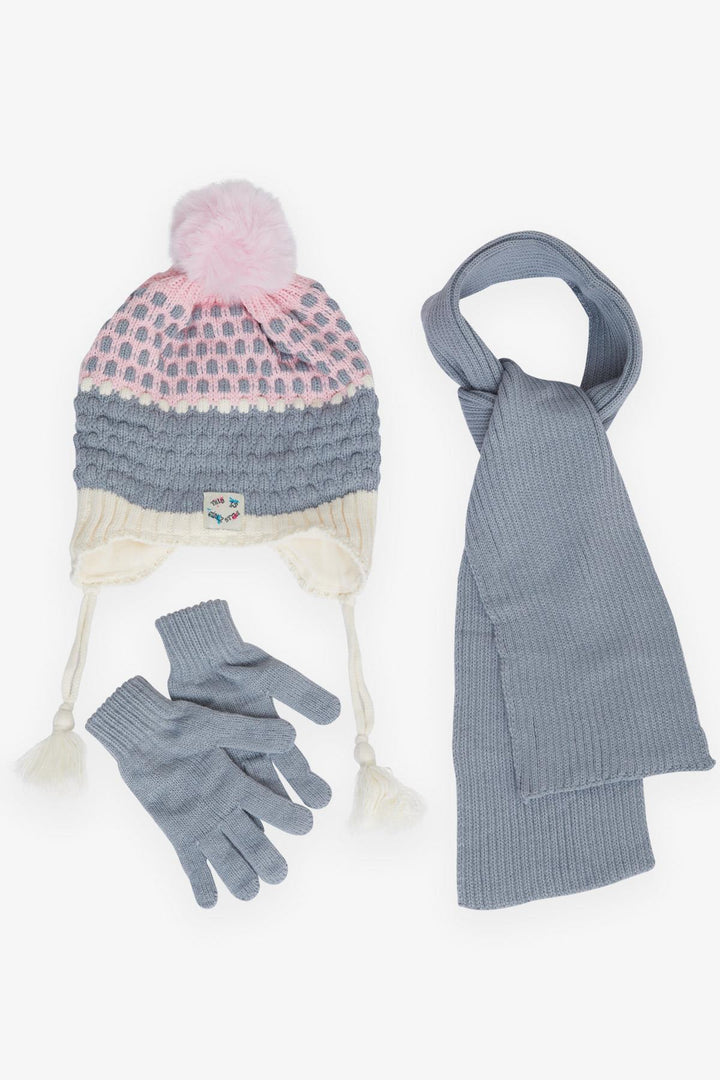 BRE Kitty Girl Child Scarf Hat Set 3 Piece Pom Pom Embroidered 4-8 Years, Gray - Chesterfield