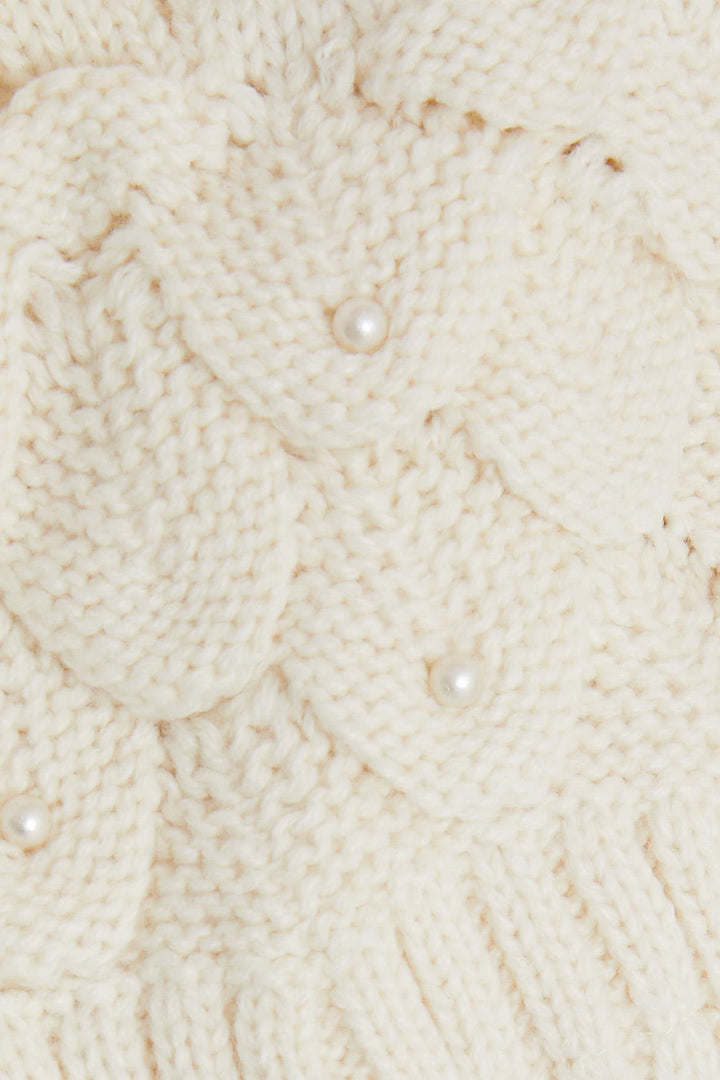 BRE Knitted Girl Child Scarf Hat Set 3 Piece Pearl Pom Pom 4-8 Years, Ecru - Morristown