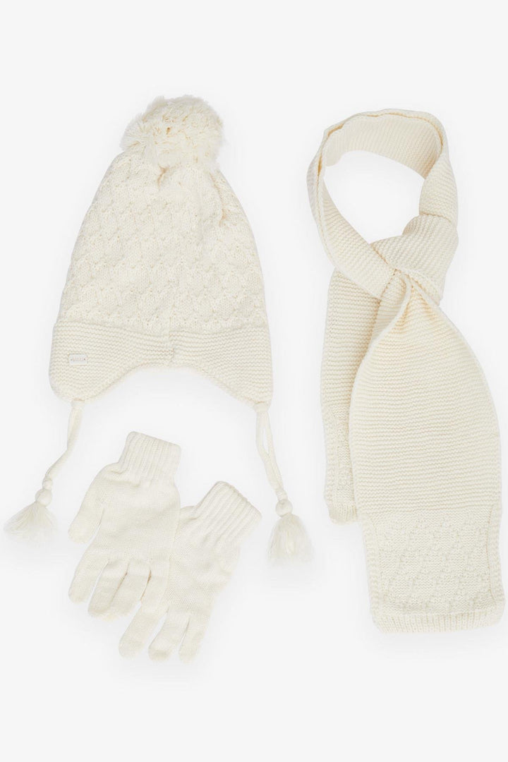 BRE Kitty Girl Child Scarf Hat Set 3 Piece Armored Pom Pom 4-8 Years, Ecru - Hitchin