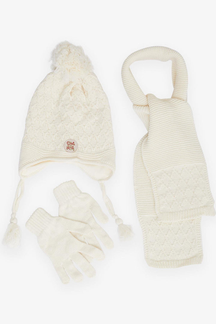 BRE Kitty Girl Child Scarf Hat Set 3 Piece Armored Pom Pom 4-8 Years, Ecru - Hitchin