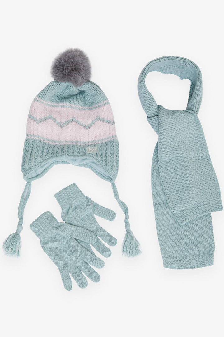 BRE Kitty Girl Child Scarf Hat Set 3 Piece Zigzag Patterned Pom Pom 4-8 Years, Mint Green - Aurora