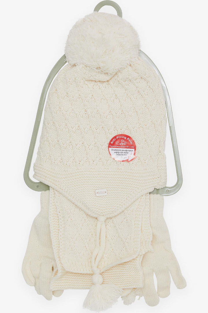 BRE Kitty Girl Child Scarf Hat Set 3 Piece Armored Pom Pom 4-8 Years, Ecru - Hitchin