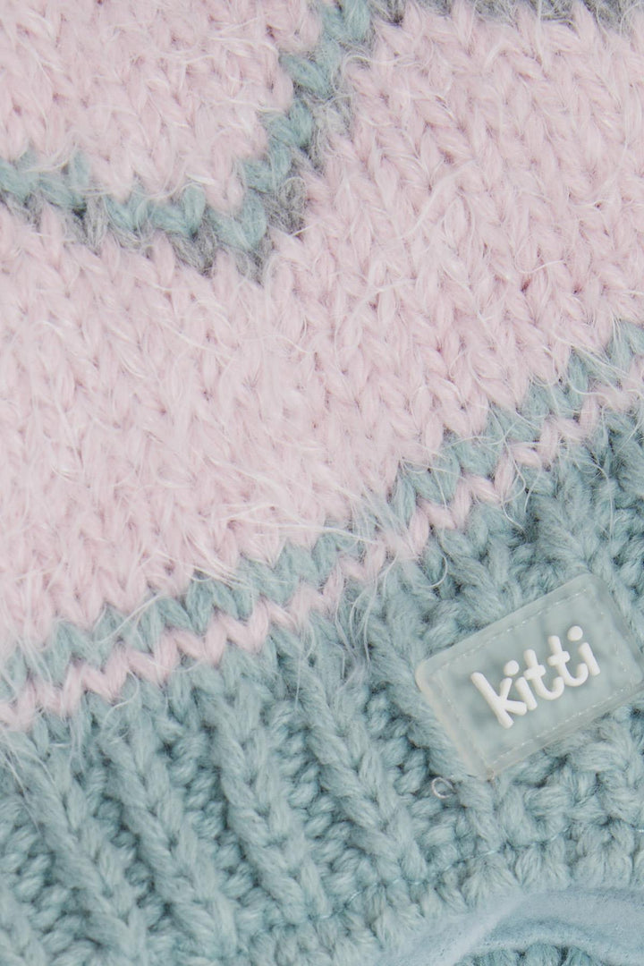 BRE Kitty Girl Child Scarf Hat Set 3 Piece Zigzag Patterned Pom Pom 4-8 Years, Mint Green - Aurora