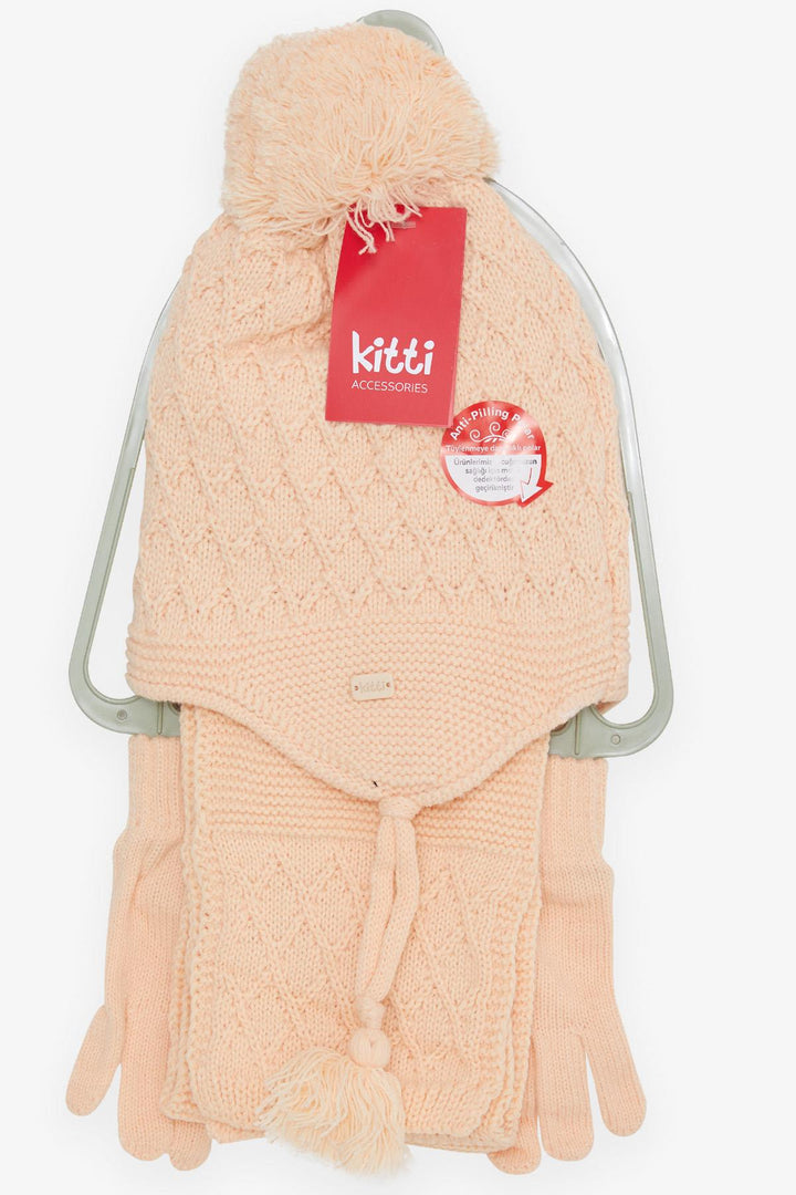 BRE Girls' Scarf Hat Set 3 Piece Armored Pom Pom 4-8 Years, Salmon - Lancaster