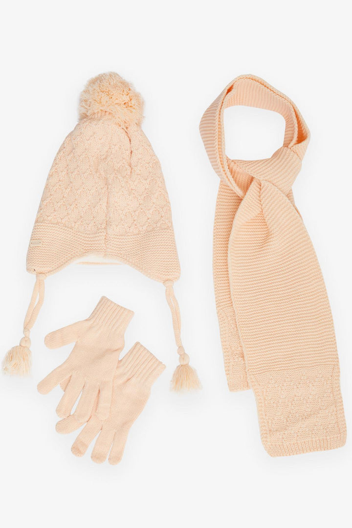BRE Girls' Scarf Hat Set 3 Piece Armored Pom Pom 4-8 Years, Salmon - Lancaster