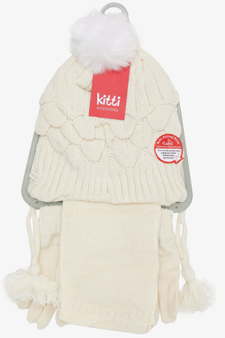BRE Knitted Girl Child Scarf Hat Set 3 Piece Pearl Pom Pom 4-8 Years, Ecru - Morristown