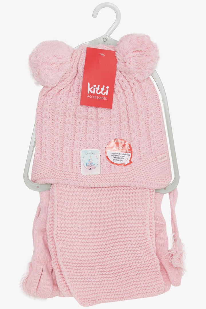 BRE Knitted Girl Child Scarf Hat Set 3 Piece Braided Pom Pom Castle Emblem 4-8 Years, Pink - Delicias