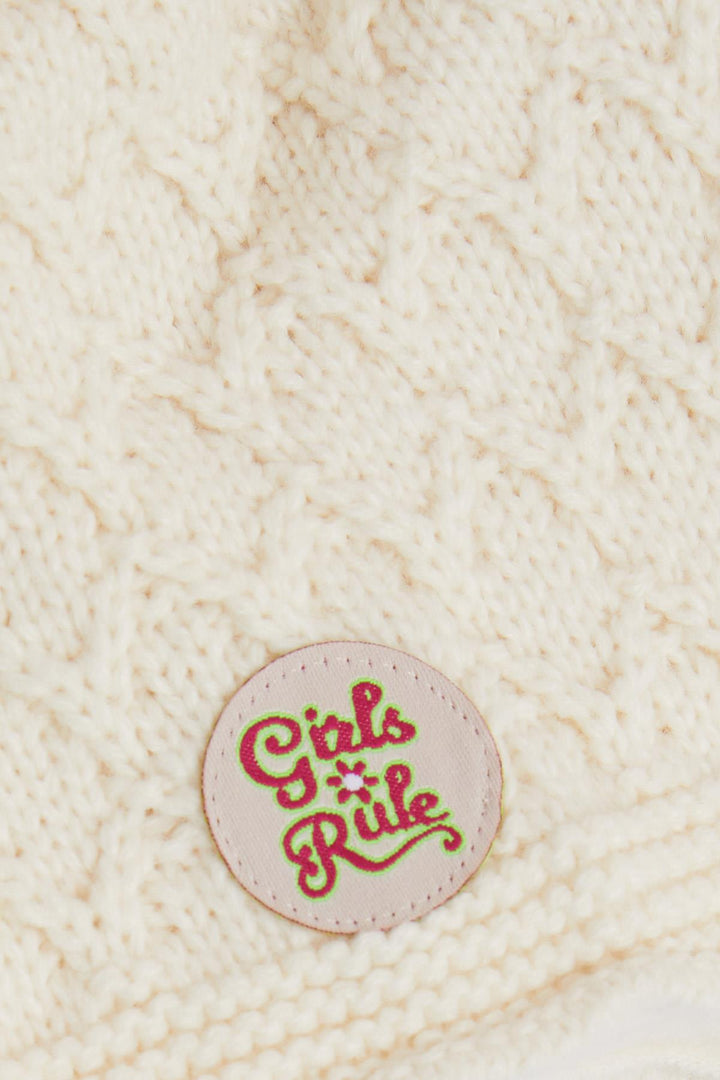 BRE Kitty Girl Child Scarf Hat Set 3 Piece Armored Pom Pom 4-8 Years, Ecru - Hitchin