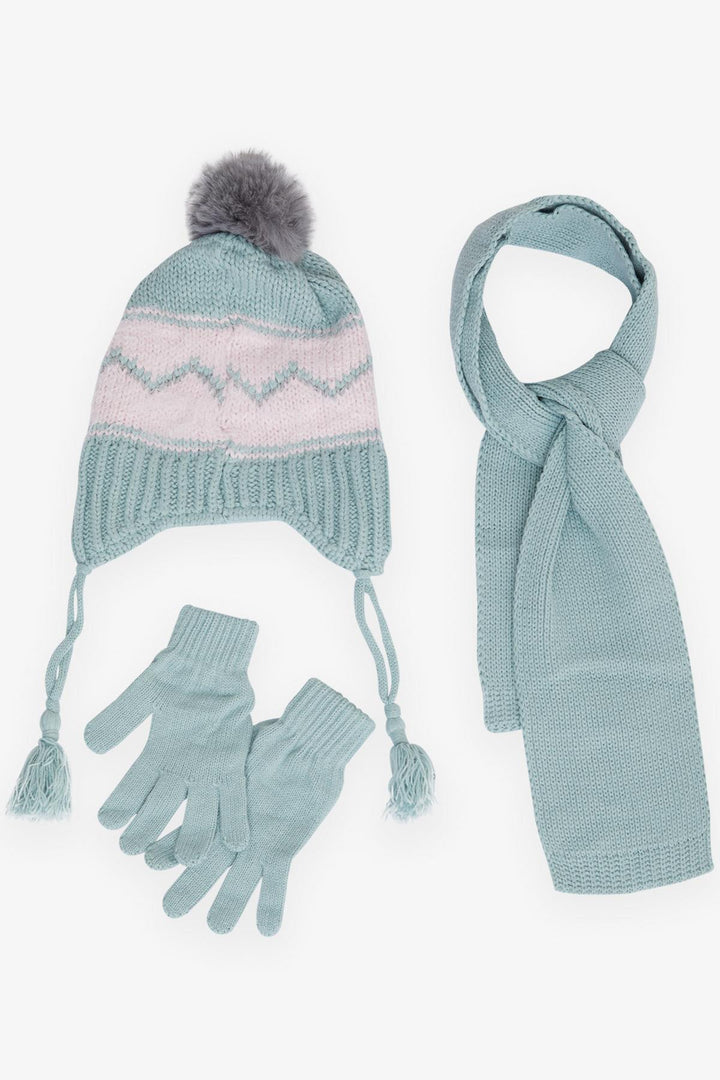 BRE Kitty Girl Child Scarf Hat Set 3 Piece Zigzag Patterned Pom Pom 4-8 Years, Mint Green - Aurora