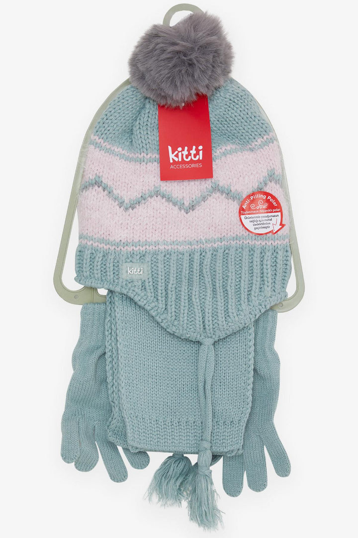 BRE Kitty Girl Child Scarf Hat Set 3 Piece Zigzag Patterned Pom Pom 4-8 Years, Mint Green - Aurora