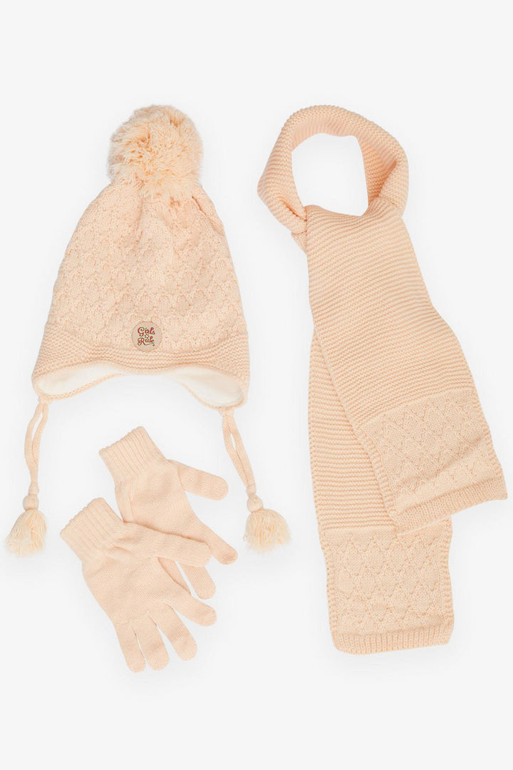 BRE Girls' Scarf Hat Set 3 Piece Armored Pom Pom 4-8 Years, Salmon - Lancaster