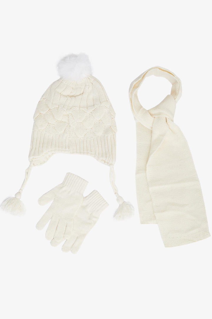 BRE Knitted Girl Child Scarf Hat Set 3 Piece Pearl Pom Pom 4-8 Years, Ecru - Morristown
