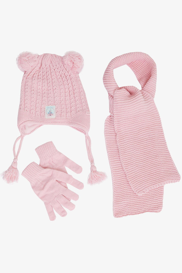 BRE Knitted Girl Child Scarf Hat Set 3 Piece Braided Pom Pom Castle Emblem 4-8 Years, Pink - Delicias