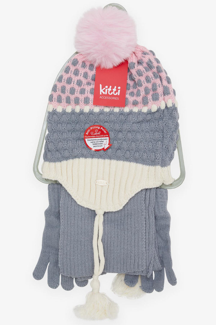 BRE Kitty Girl Child Scarf Hat Set 3 Piece Pom Pom Embroidered 4-8 Years, Gray - Chesterfield