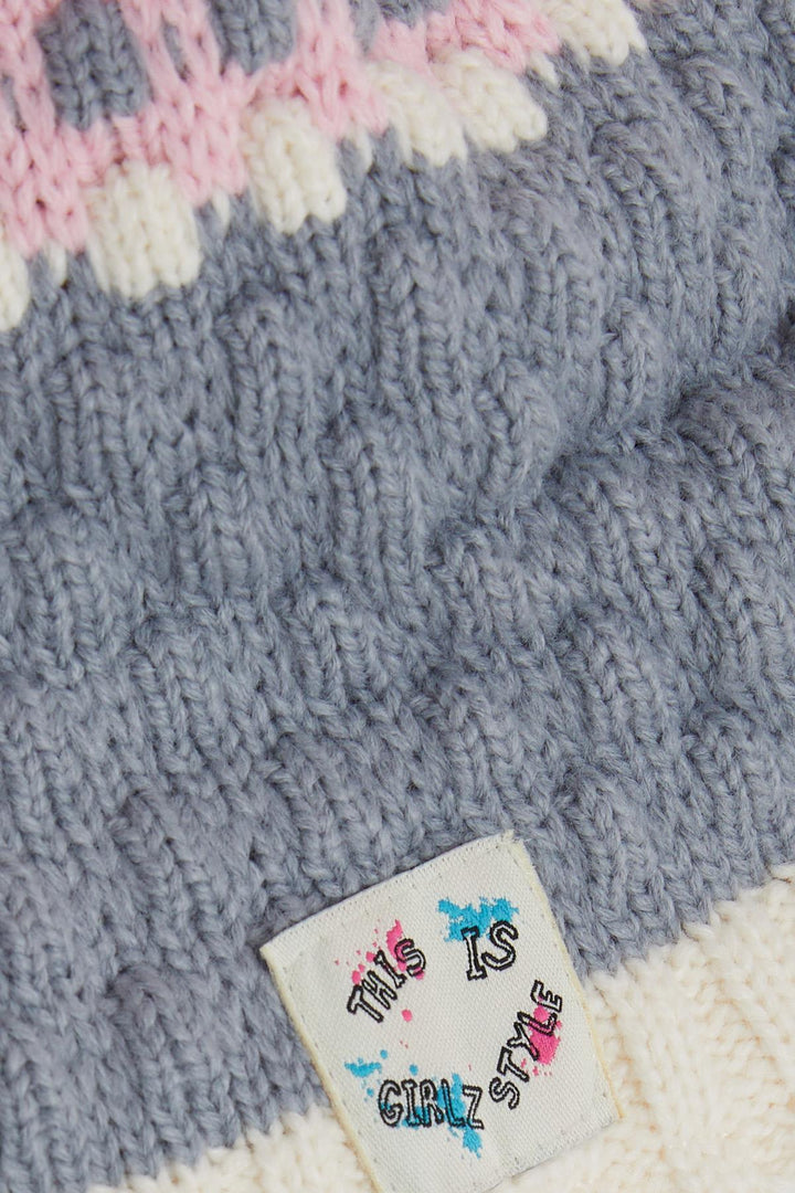 BRE Kitty Girl Child Scarf Hat Set 3 Piece Pom Pom Embroidered 4-8 Years, Gray - Chesterfield