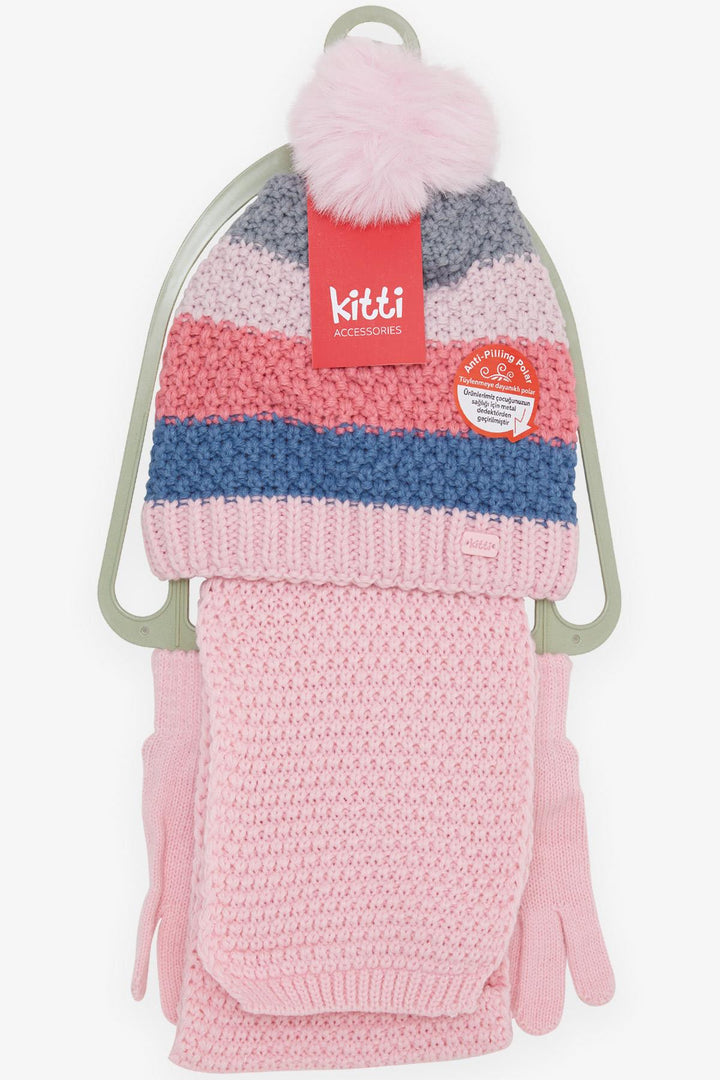 BRE Kitty Girl Child Scarf Hat Set with Crested Pom Pom, 4-8 Years, Pink - Lucerne