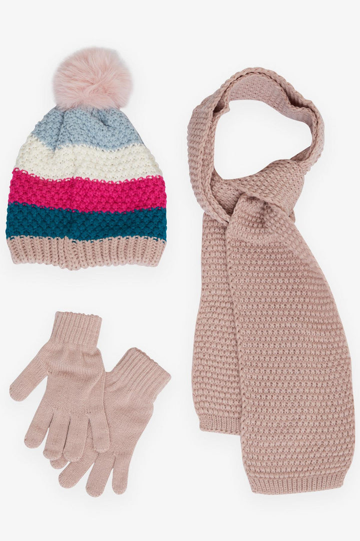 BRE Knitted Girl Child Scarf Hat Set with Crested Pom Pom 4-8 Years, Rose Pink - Châtillon