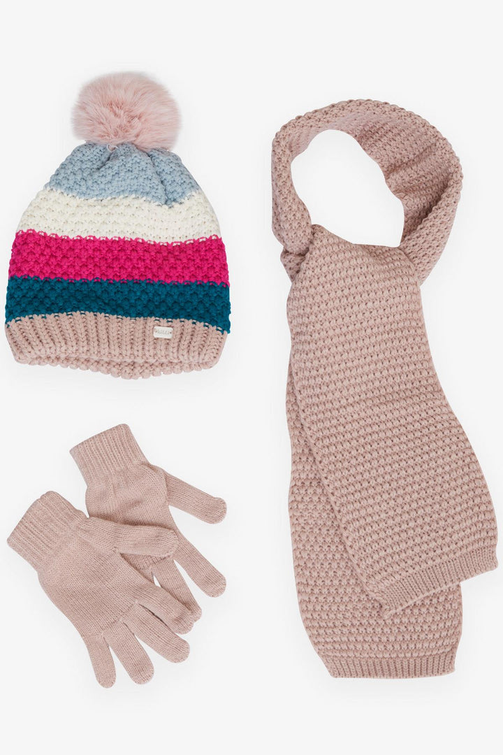 BRE Knitted Girl Child Scarf Hat Set with Crested Pom Pom 4-8 Years, Rose Pink - Châtillon