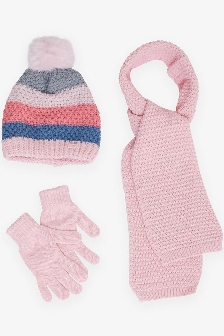 BRE Kitty Girl Child Scarf Hat Set with Crested Pom Pom, 4-8 Years, Pink - Lucerne