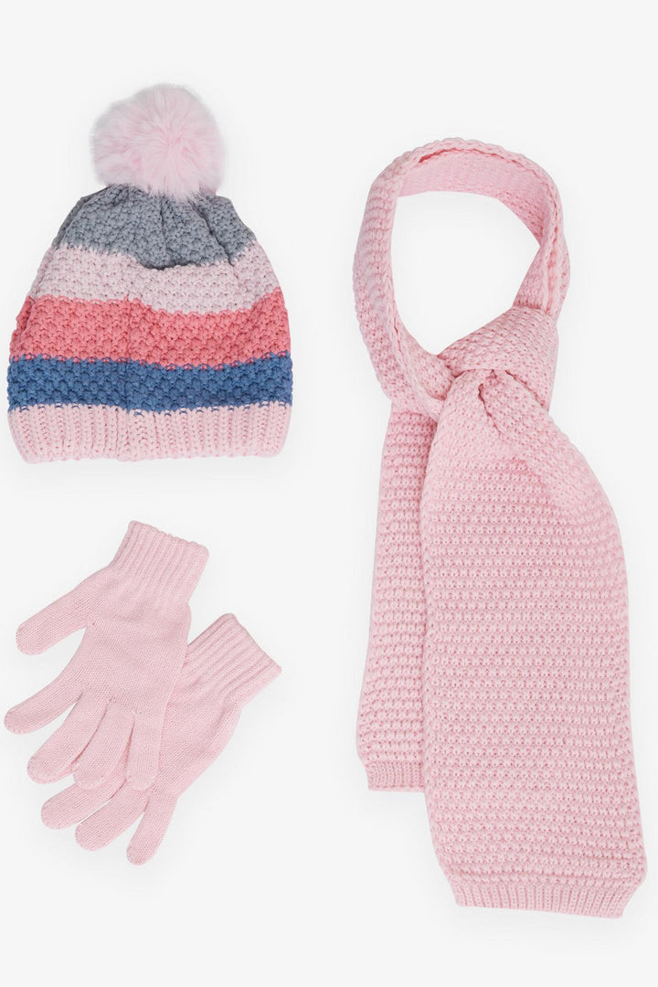BRE Kitty Girl Child Scarf Hat Set with Crested Pom Pom, 4-8 Years, Pink - Lucerne