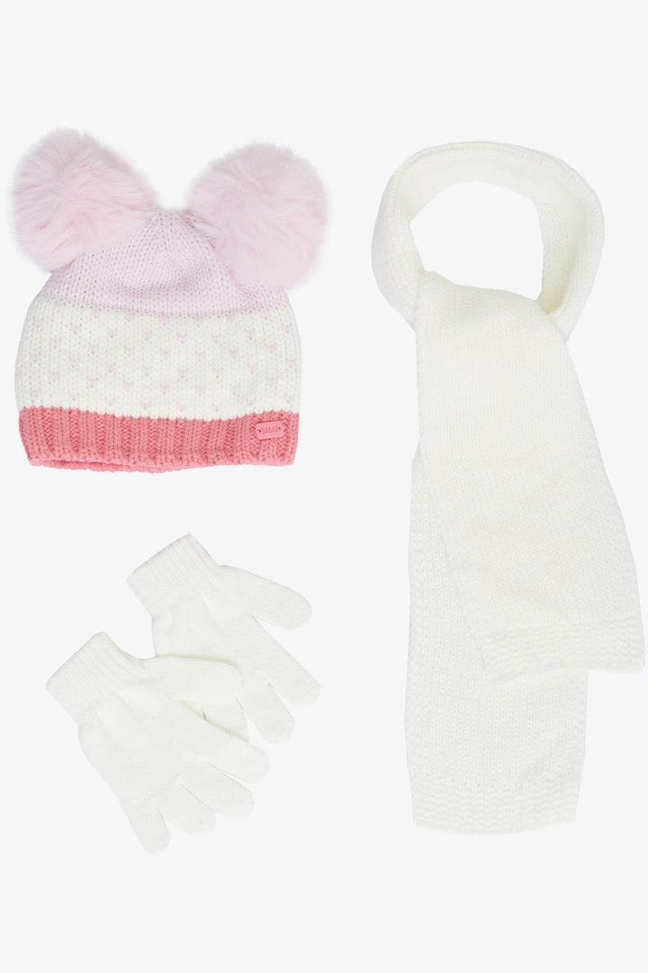 BRE Knitted Girl Child Scarf Hat Set Heart Embroidered Double Pom Pom 1-4 Years, Ecru - Roosendaal