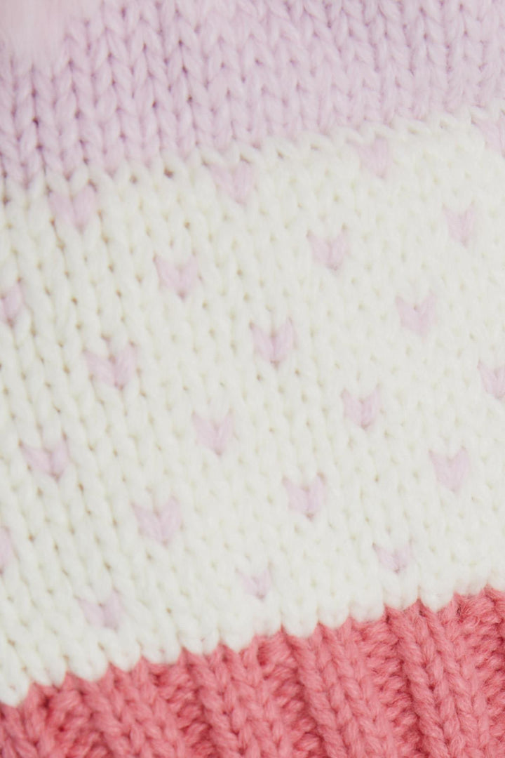 BRE Knitted Girl Child Scarf Hat Set Heart Embroidered Double Pom Pom 1-4 Years, Ecru - Roosendaal