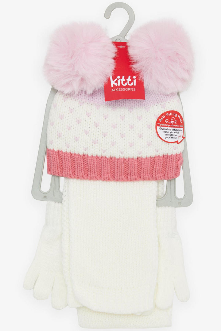 BRE Knitted Girl Child Scarf Hat Set Heart Embroidered Double Pom Pom 1-4 Years, Ecru - Roosendaal